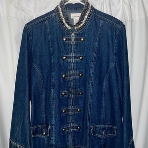 Vintage Denim military style jacket with embellished collar.